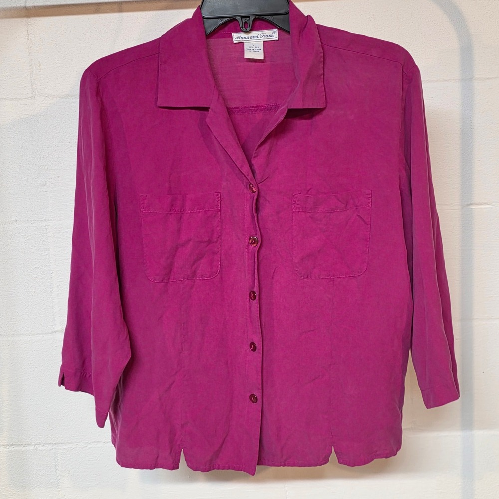 Vintage Anna and Frank Magenta 100% Silk Button Shirt Size L Pockets Fuchsia